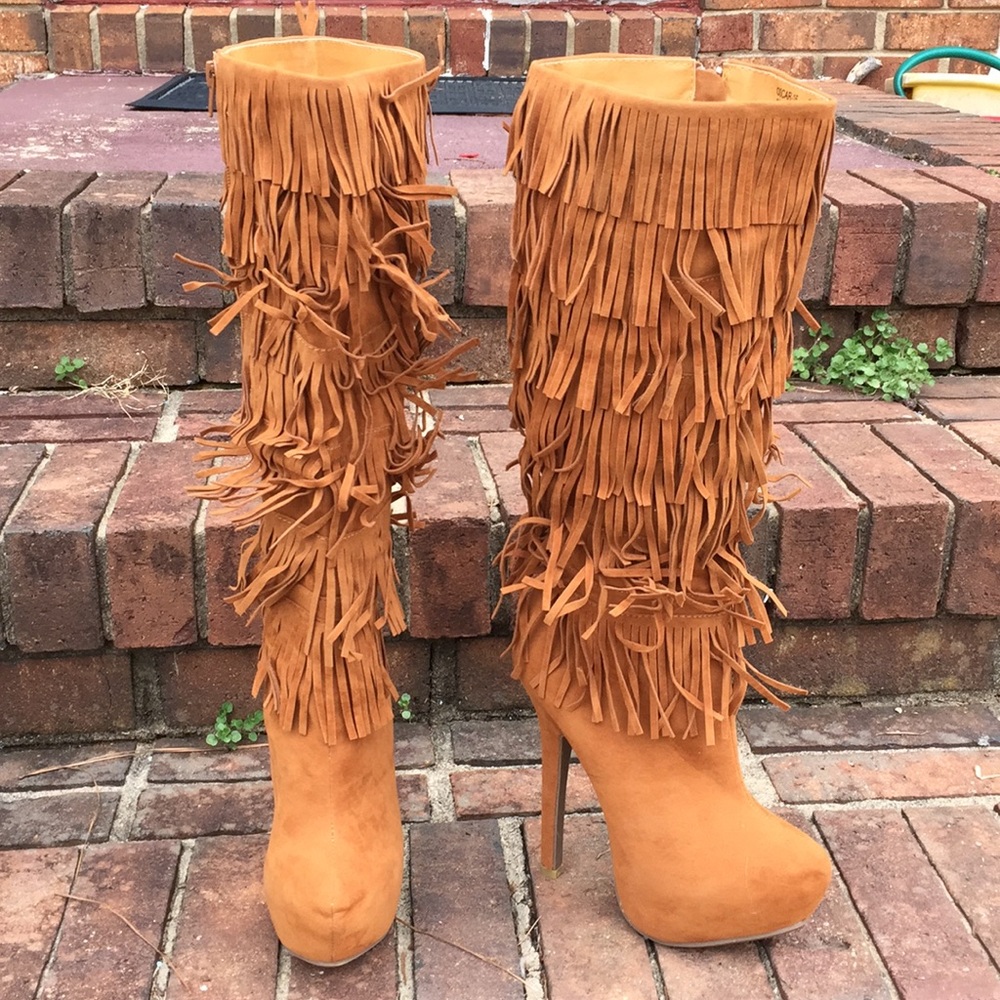 CHESTNUT FRINGE LAYER PLATFORM SEXY BOOTS